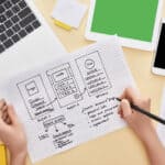 cropped view of designer holding website design template near gadgets on yellow background
